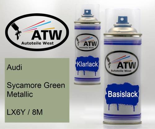 Audi, Sycamore Green Metallic, LX6Y / 8M: 400ml Sprühdose + 400ml Klarlack - Set, von ATW Autoteile West.